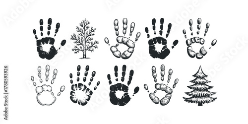 Collection of handprints and trees with sketch texture