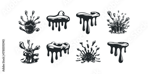Set of stylized liquid splashes and drips