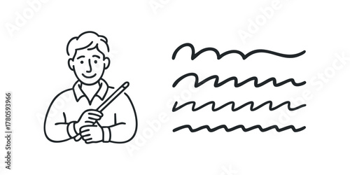 Man holding pointer stick next to wavy lines