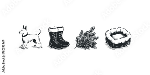 Dog with winter accessories and fir branch