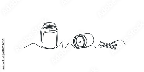 Continuous line drawing of a candle in a jar and matches
