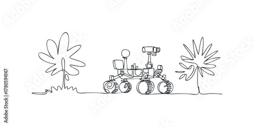 Continuous line drawing of a robotic explorer on an alien planet