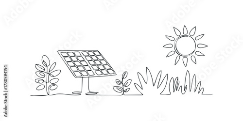 Single line drawing of solar panel and sun with plants