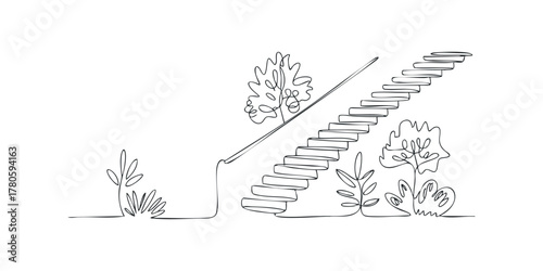 Continuous line drawing of a staircase beside stylized plants
