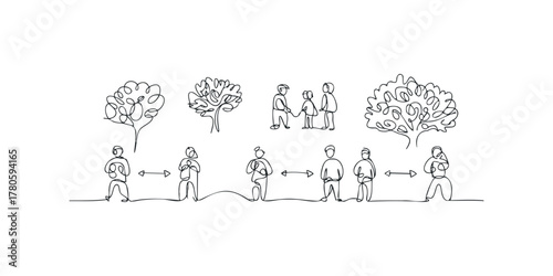 People maintaining social distance and trees