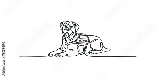 Line art drawing of a service dog laying down with its tongue out