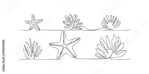 Continuous Line Art of Marine Life in Ocean Depths