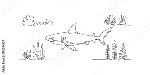 Single Line Drawing of a Shark Swimming Amidst Underwater Flora