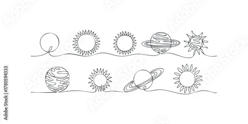 Simple black line drawing of celestial bodies
