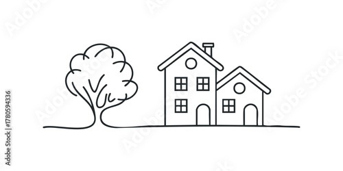 Simple line drawing of a tree and houses