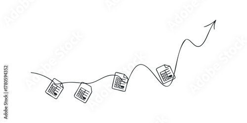 Hand-drawn arrow graph with document icons shows upward financial trend