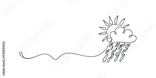 Continuous line drawing of sun with rain cloud
