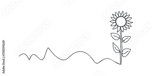 Single Line Drawing Sunflower and Wavy Ground