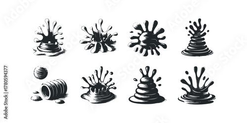 Collection of liquid splash shapes and spilled barrel