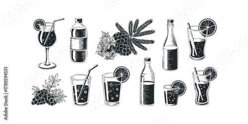 Assortment of Refreshing Beverages and Fresh Grapes