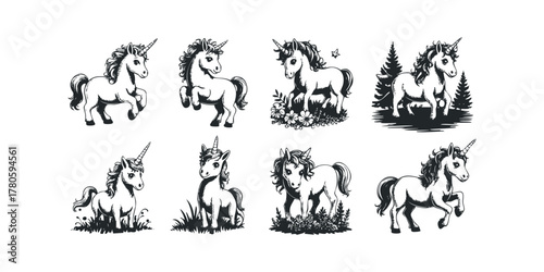 Collection of eight mythical unicorn poses