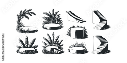 Collection of stylized pedestals with plants and staircases