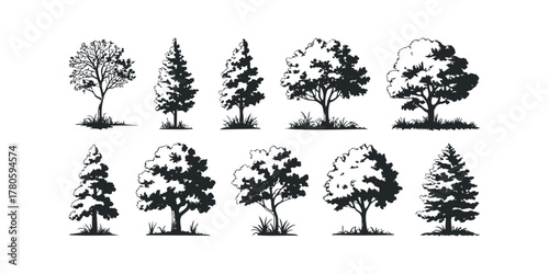 Collection of tree silhouettes on white background