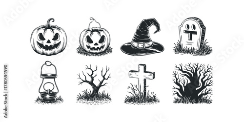 Halloween symbols collection with pumpkins, witch hat, tombstone, lantern, and trees