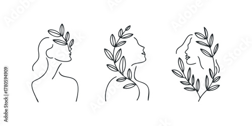 Three continuous line drawings of feminine profiles with leafy branches