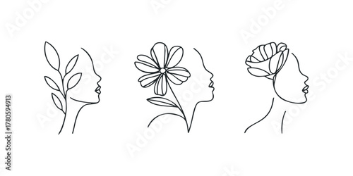 Continuous line drawing of female profiles with floral and botanical elements