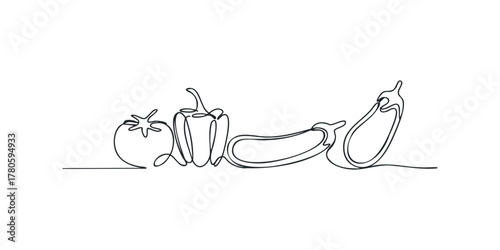 One line drawing of assorted vegetables including tomato, bell pepper, and eggplant