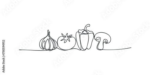 Continuous line drawing of fresh vegetables on white background