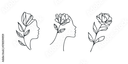 Line Drawing of Female Profile with Floral Elements