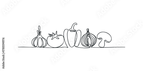Continuous line drawing of assorted vegetables on white