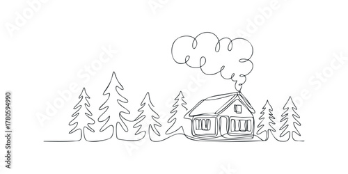Single line drawing of a house with smoke from chimney among trees