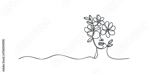 Line Drawing Of A Woman's Face With Flowers