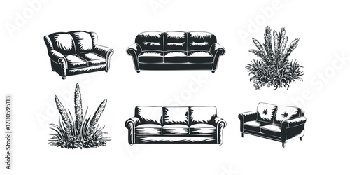 Various upholstered furniture and botanical elements