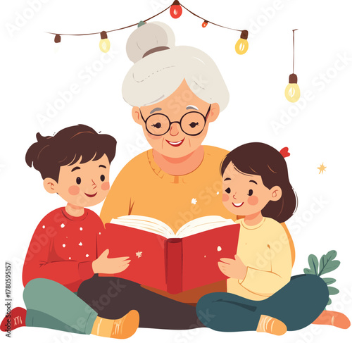 Grandma reading a storybook to two happy grandchildren under string lights.
