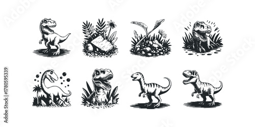 Collection of eight detailed prehistoric dinosaur graphics