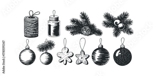 Hand Drawn Christmas Ornaments and Pine Sprigs