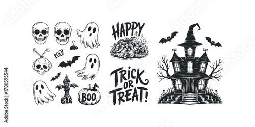Hand drawn spooky Halloween elements including skulls, ghosts, bats, and haunted house
