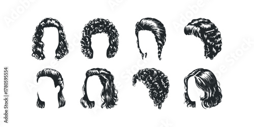 Set of diverse female hairstyle silhouetted heads