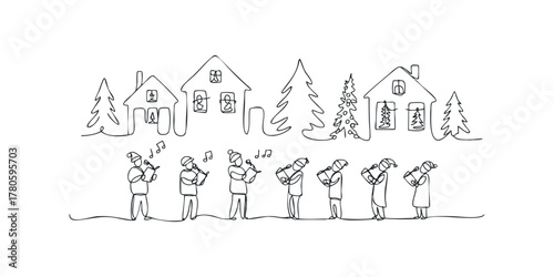Line art group of people playing instruments in front of village houses and trees