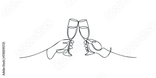 Two hands clinking champagne glasses in continuous line drawing