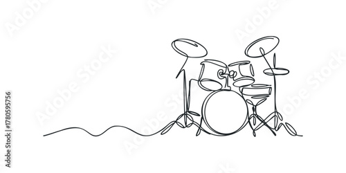 Continuous line drawing of a drum set