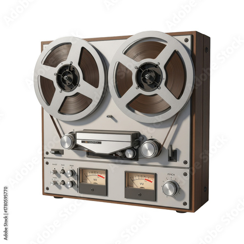 Vintage reel to reel tape recorder with two large spools of magnetic tape on a dark background