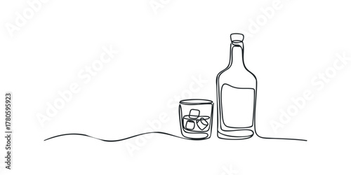 Single line drawing of a whiskey bottle and glass with ice