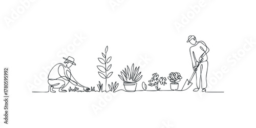 Line Drawing of Two People Gardening with Plants and Flowers