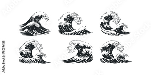 Collection of six stylized Japanese wave illustrations