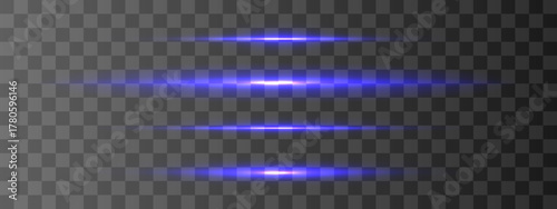 Glowing blue horizontal streaks on transparent PNG background. Great for digital, cosmic, or magical visuals. Radiant flare lines enhance visual depth.