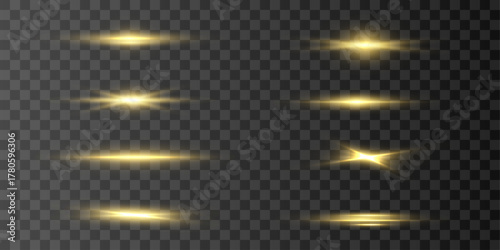 Horizontal golden light rays with radiant glow. Ideal for banners, posters, or digital effects. Creates sparkling lines and vibrant luminous streaks.