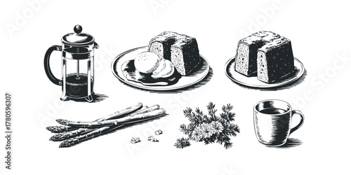 French press with coffee, cake, asparagus, and flowers