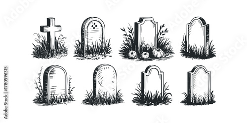 Collection of Gravestones and Cross Sketch