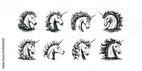 Set of eight horse heads with spiraled horns