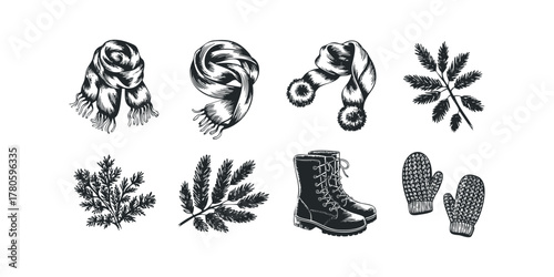 Winter Accessories and Pine Sprigs in Sketch Style